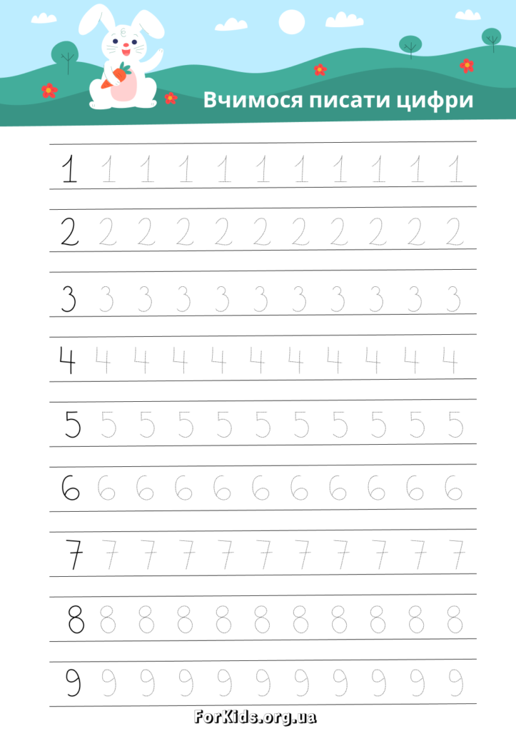 Аркуш для написання цифр 1,2,3,4,5,6,7,8,9