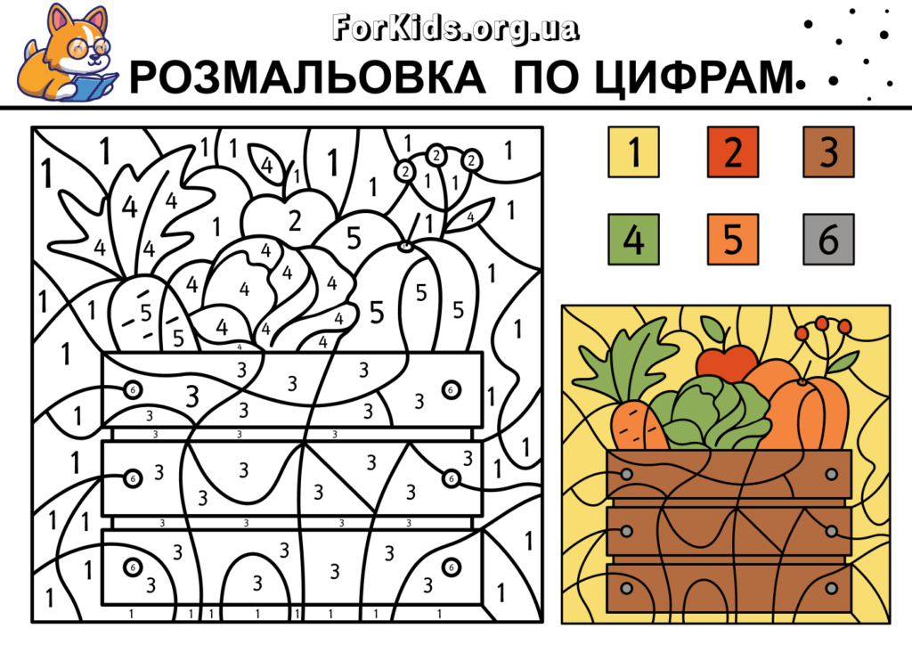 Розмальовка по цифрам, овочі