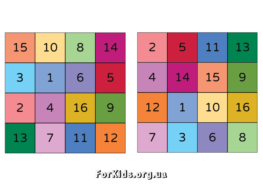 Таблиці Шульте 4 на 4-Кольорові
