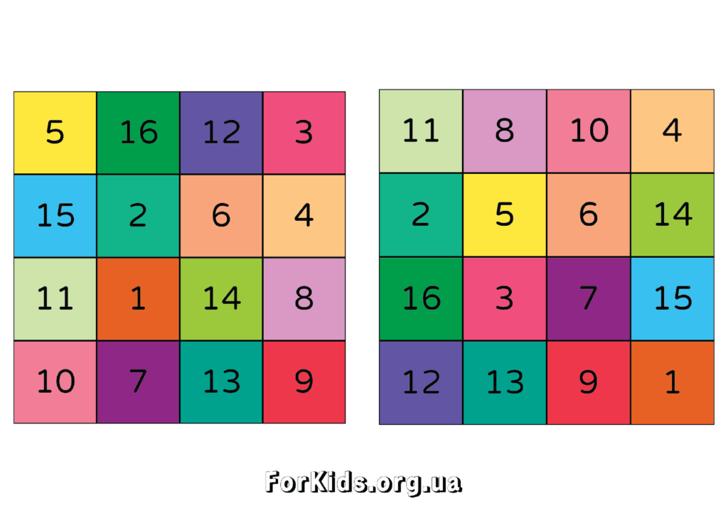 Таблиці Шульте 4 на 4-Кольорові