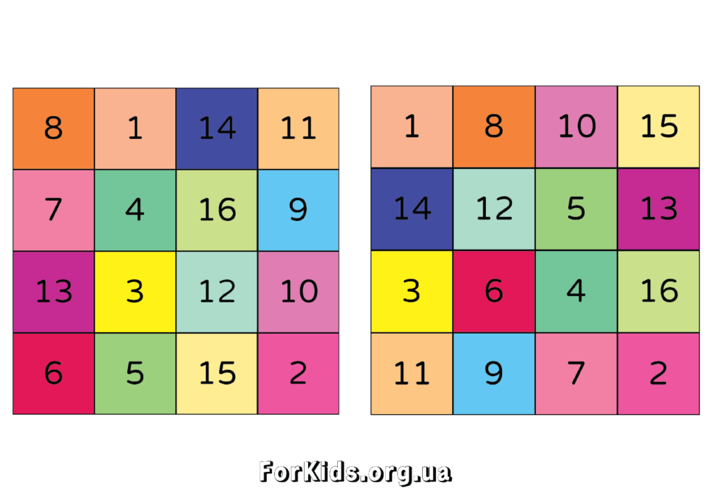Таблиці Шульте 4 на 4-Кольорові
