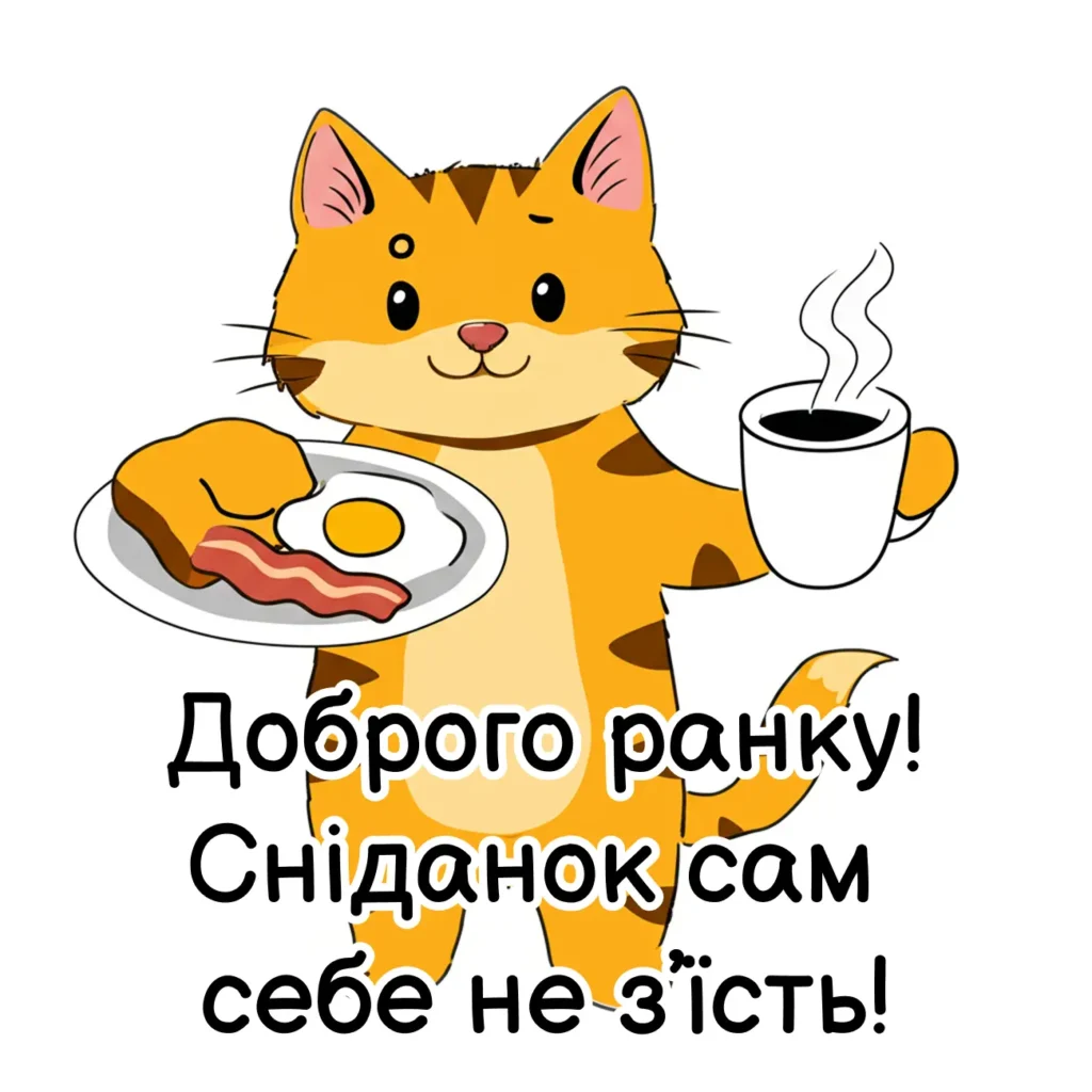 Прикольне побажання доброго ранку із котиком та сніданком