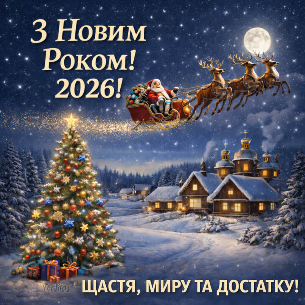 Картинки з Новим роком 2026 укранїнською — різдвяна ніч, Санта Клаус у санях, святкова ялинка та привітання з наступаючим Новим роком