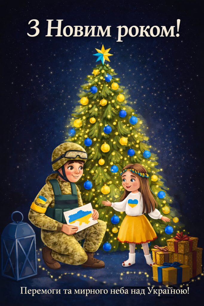 Патріотичне привітання з Новим роком Україно 2026 — дитина та військовий біля ялинки, патріотичні привітання з наступаючим Новим роком